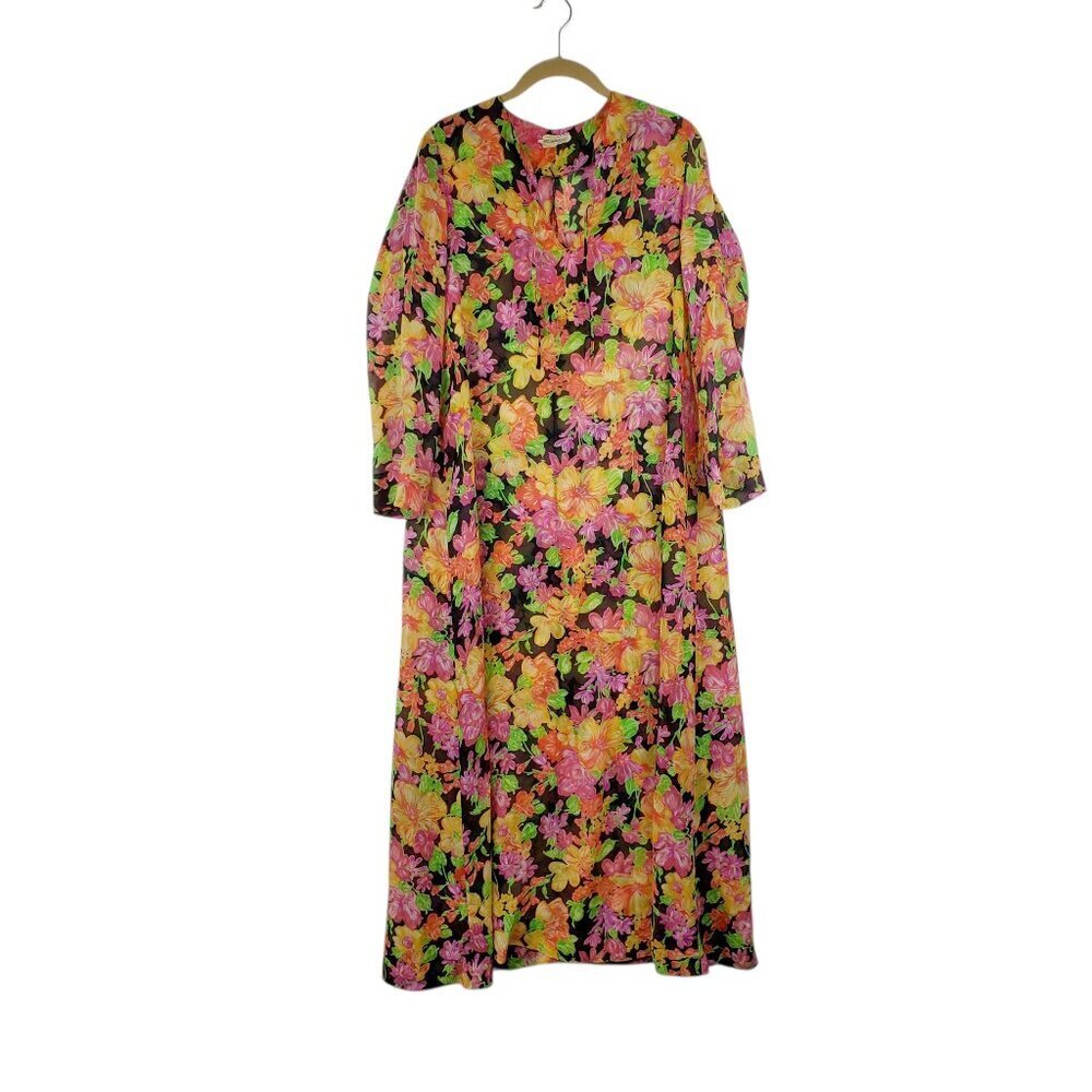 Eve Stillman Sheer Dark Floral Long Sleeve Gown Lightweight Vintage 1960s Size P